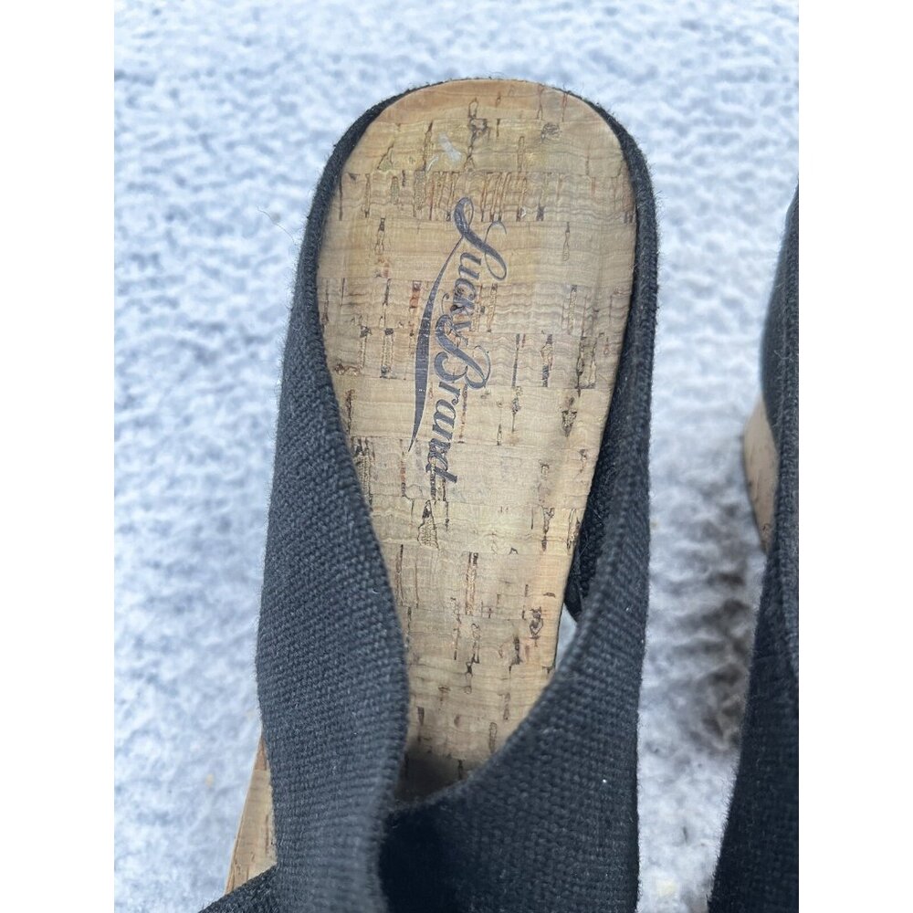 Women's Lucky Brand Miller Black Strap Slip On Cork Wedge Sandals Size 8 - Picture 4 of 13